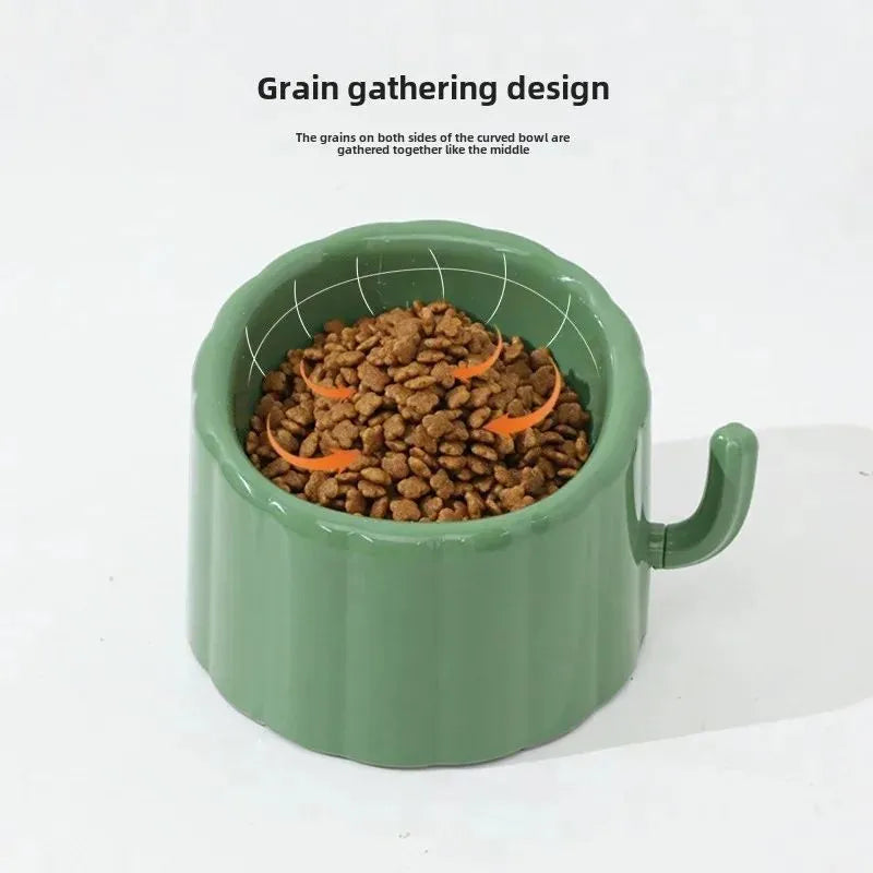 Solid colour ceramic cat bowl with cactus design, showing anti-slip base and large mouth opening.