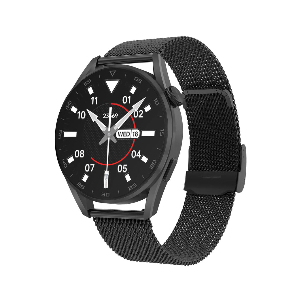 Bluetooth smart watch with 1.3-inch touchscreen on metal wristband, showing call and scan code functionality