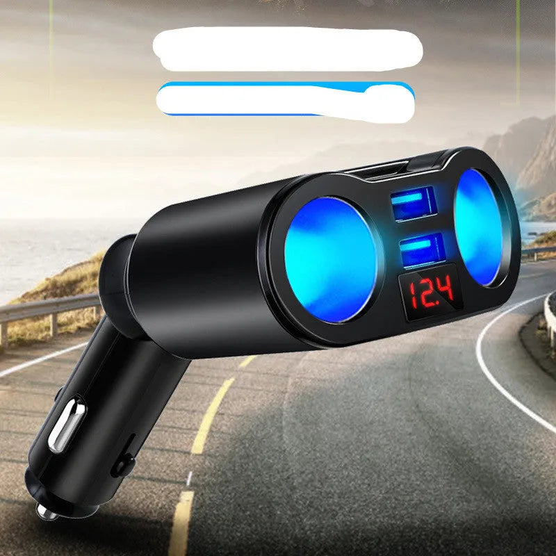 Black car Bluetooth receiver with MP3 player plugged into vehicle cigarette lighter socket