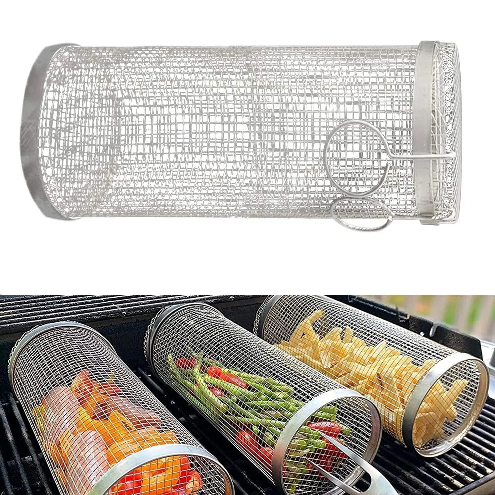 Stainless steel cylindrical rolling grill basket for BBQ with wire mesh, shown with vegetables inside.