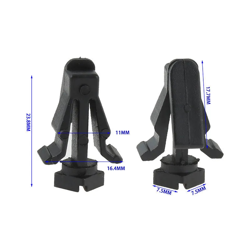 Black plastic automotive fastening clip for Nissan bumper and radiator grille, part number 76882-0M060.