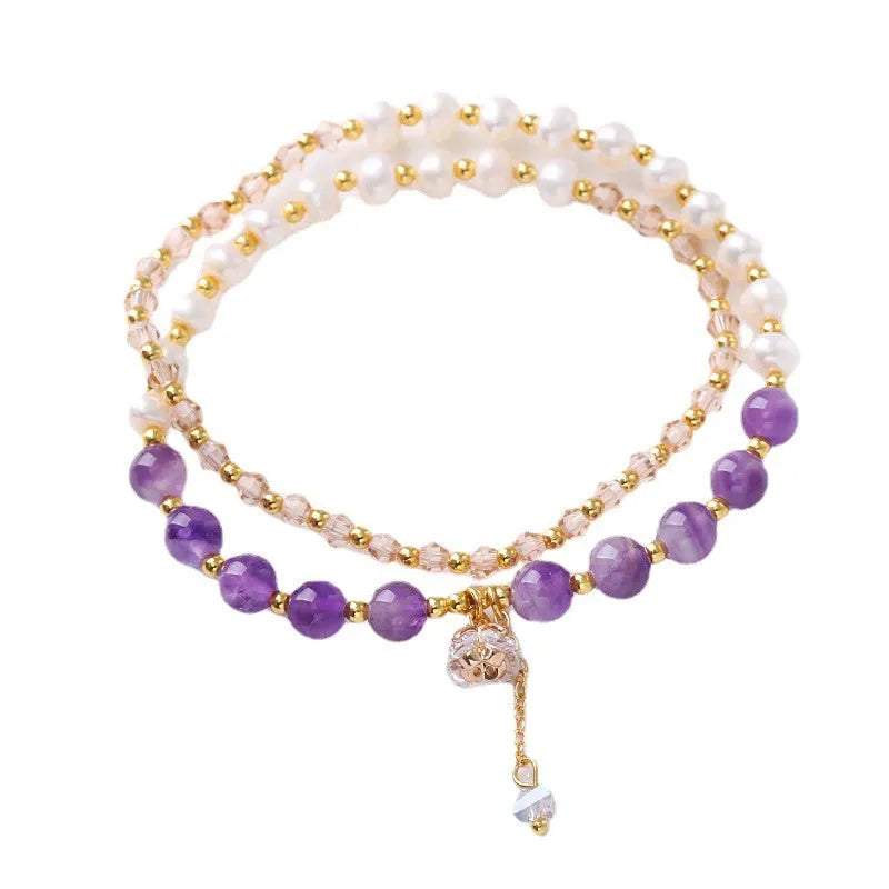 Freshwater pearl and crystal double ring bracelet in strawberry quartz, amethyst, or aquamarine