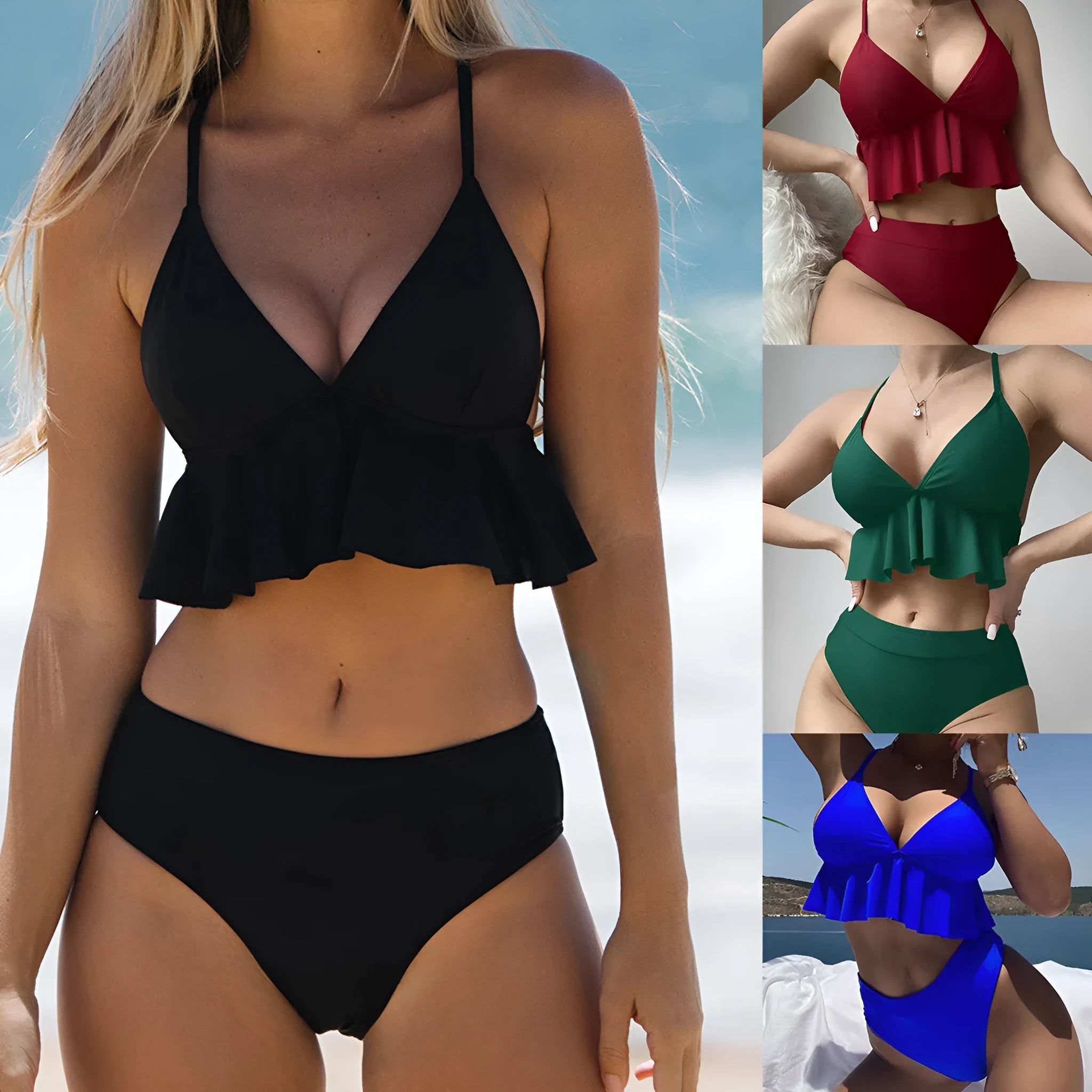 Women's solid colour split bikini swimsuit in polyester with spandex, shown in Army Green.