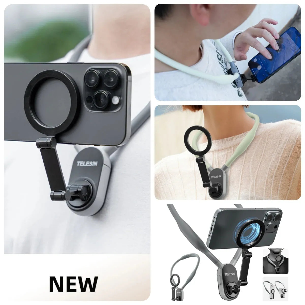 Silicone phone magnetic neck mount with magnetic quick-release system in grey colour
