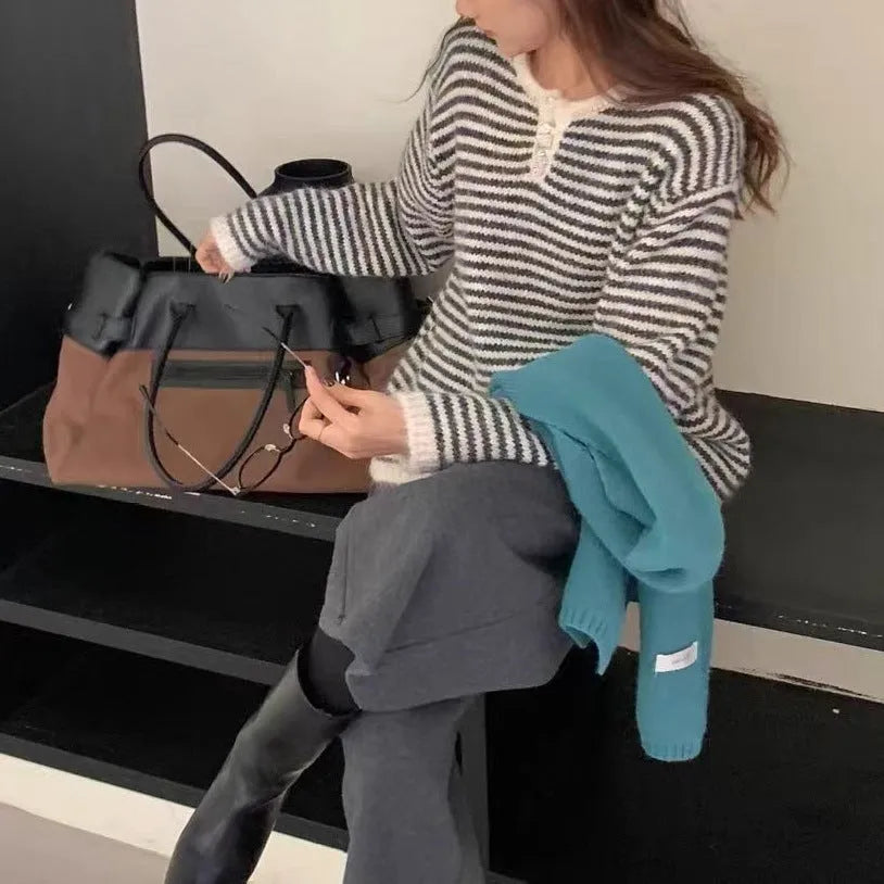 Red and blue cashmere stripe pullover sweater with Plaid pattern and loose fit