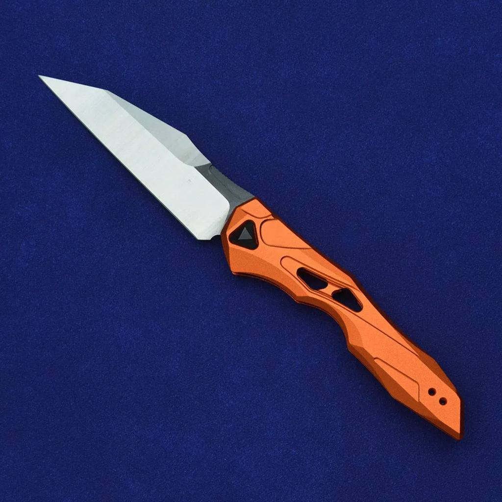 Black folding fruit knife with D2 steel blade and aluminium handle showing 19cm length