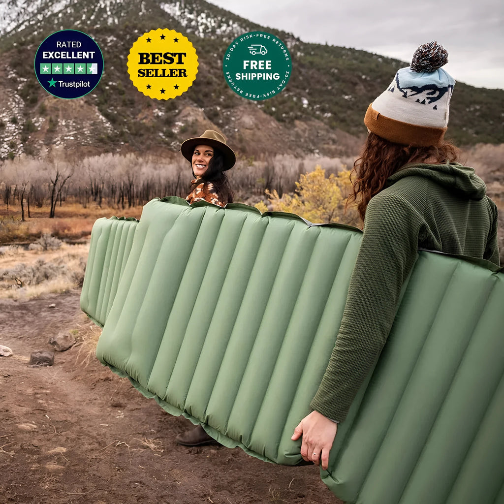 Portable inflatable camping mattress in grey, shown expanded to 195cm length with 10cm thickness.