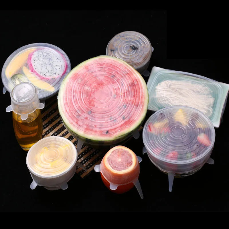 Set of six colourful silicone stretch lids in different sizes for covering food containers.