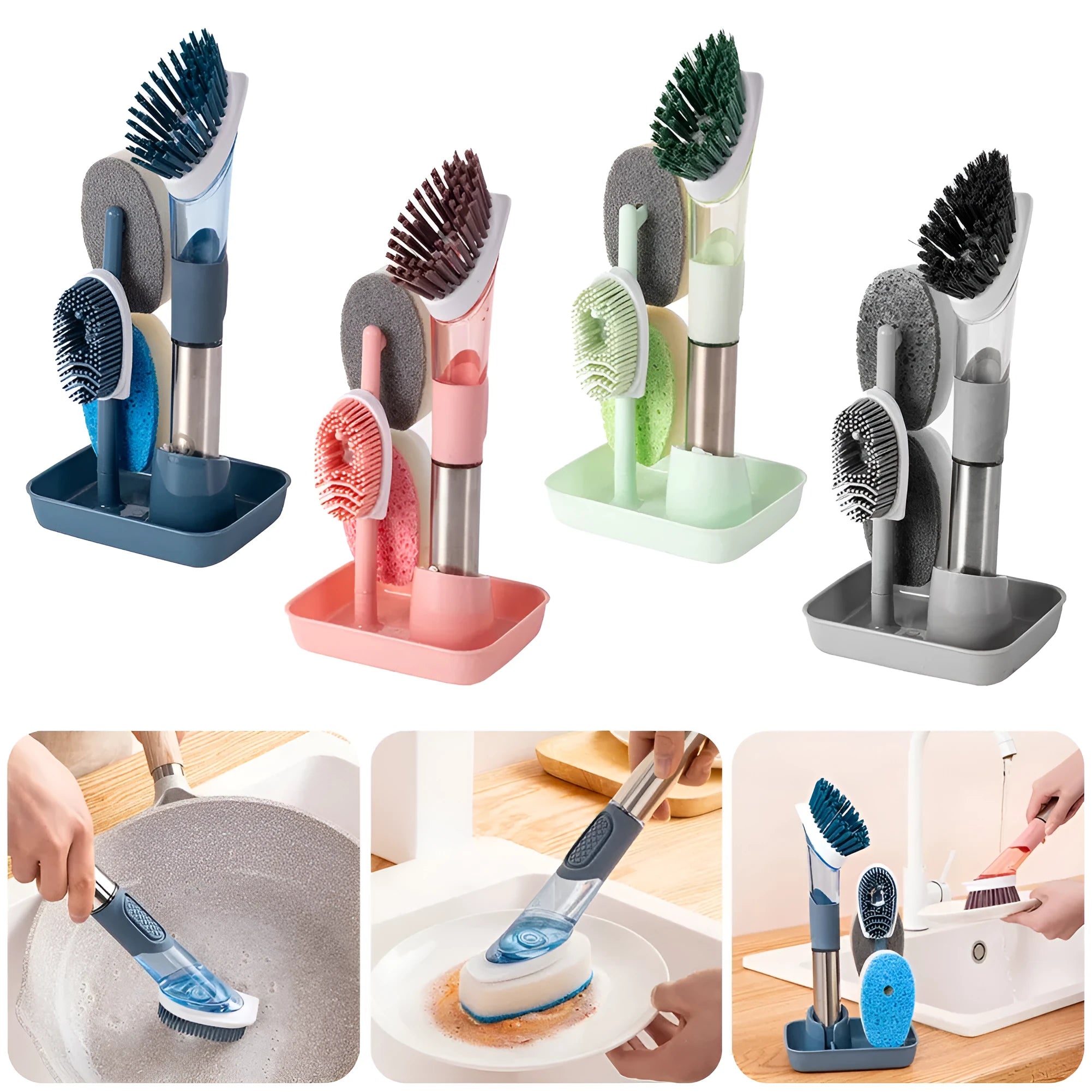 Long handled kitchen cleaning brush with a soap dispenser button and a stainless steel scouring block.