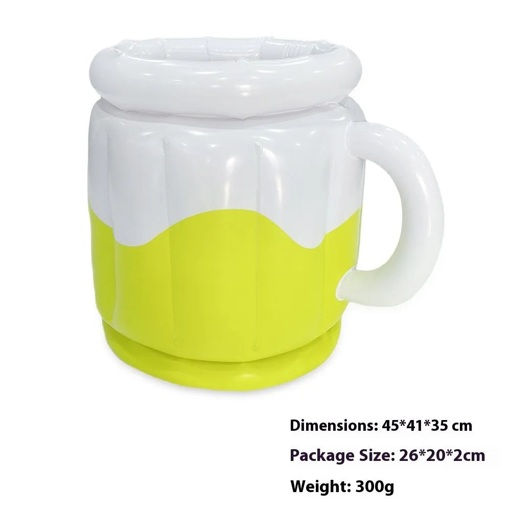 Yellow inflatable PVC ice bucket for beer steins, showing 30cm height and 25cm diameter when inflated