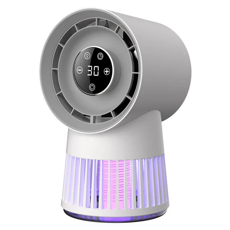 White plastic 2-in-1 mosquito killing mini desk fan with bladeless design and USB charging cable