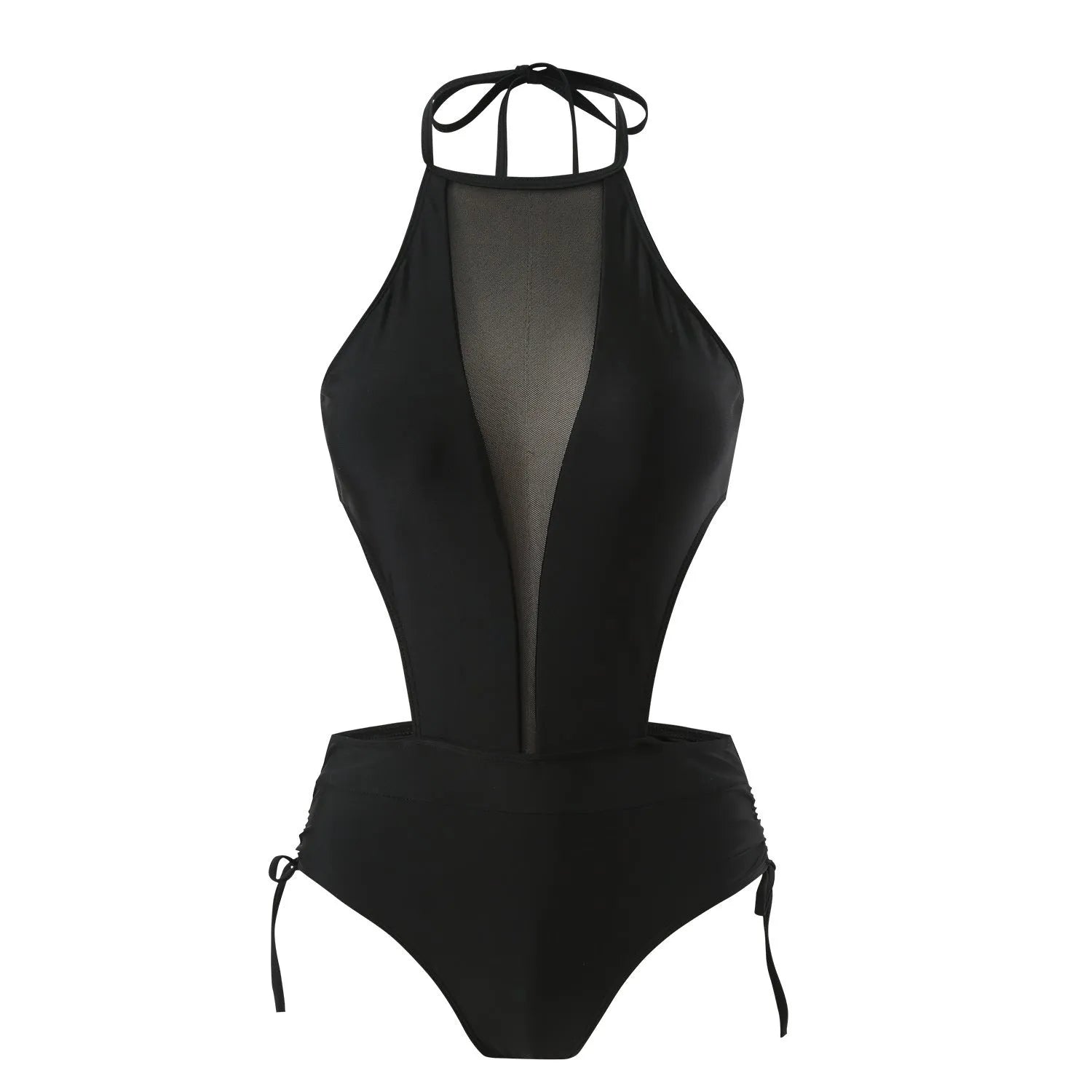 Black one-piece swimsuit for women with an open back design and hollow-out detailing on the straps