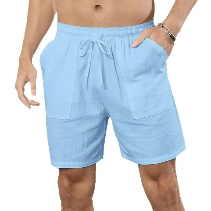 Men's straight-leg linen shorts in light blue colour for summer casual wear