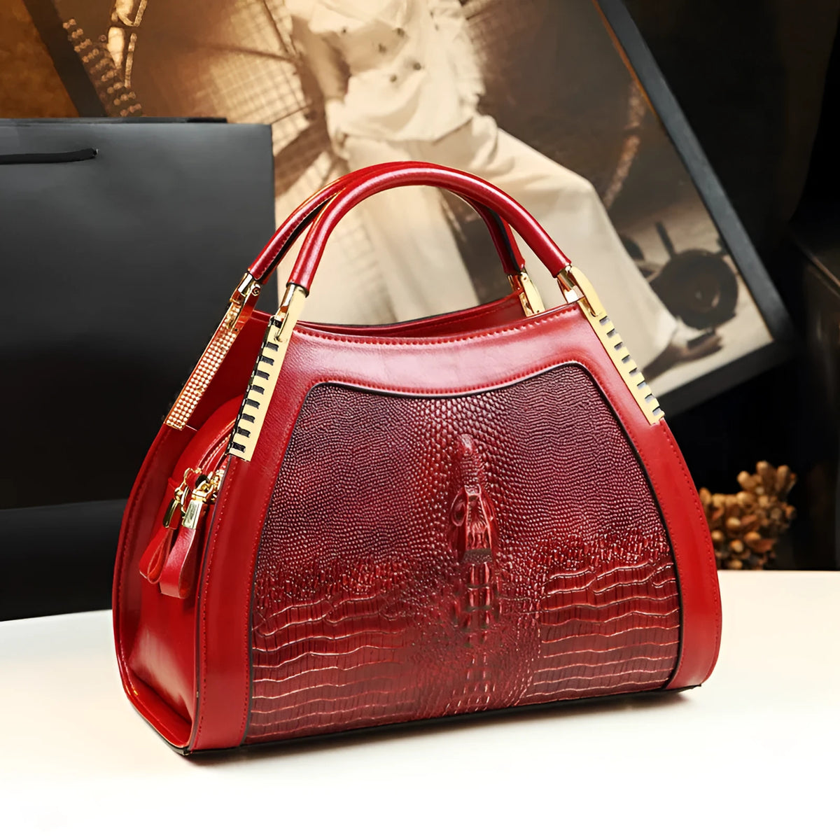 Cow leather shoulder bag with crocodile pattern, dumpling shape, zipper closure, and multiple internal pockets.