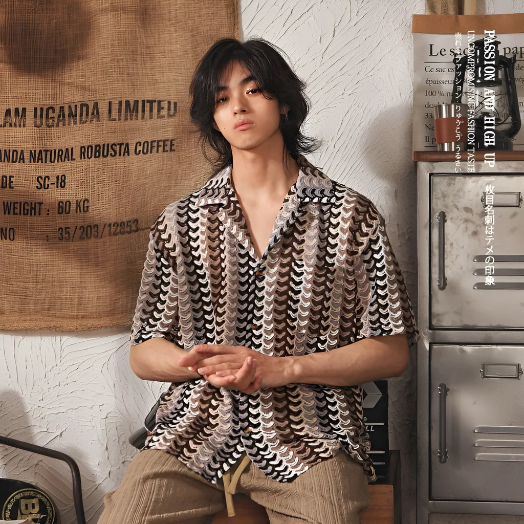Japanese style Cuban collar short sleeve shirt with jacquard pattern in gray colour