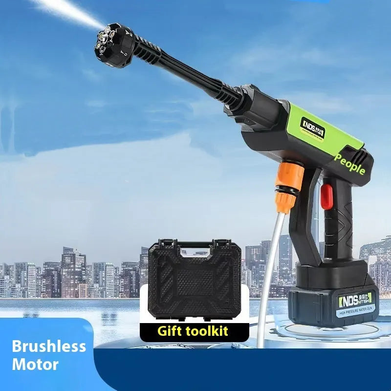 Green wireless high-pressure water gun with metal nozzle and extension rod for garden cleaning