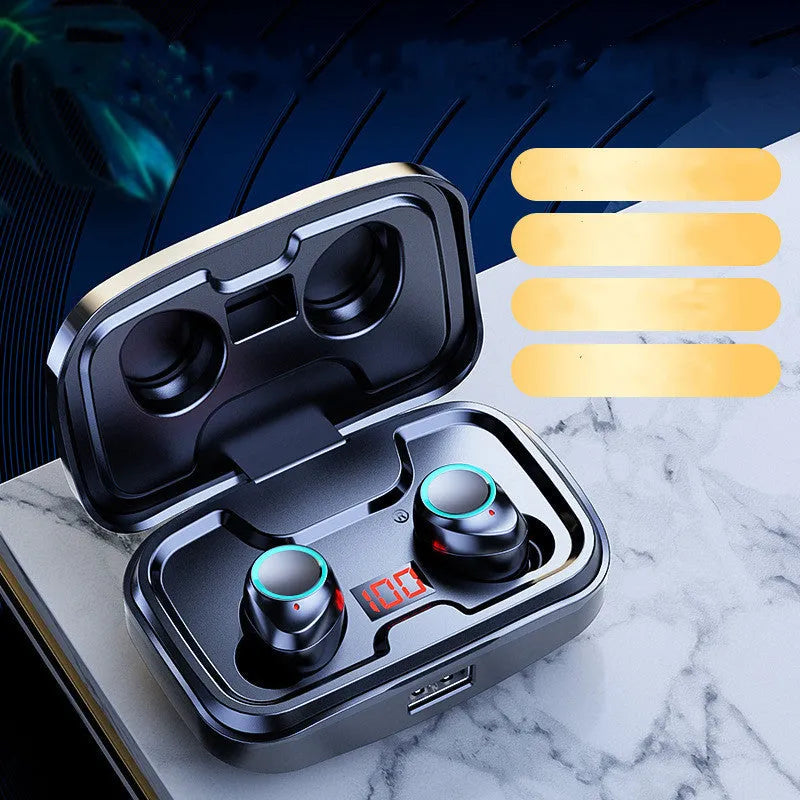 Wireless in-ear earphones in black, blue, or red with Bluetooth 5.0 and 10-metre range