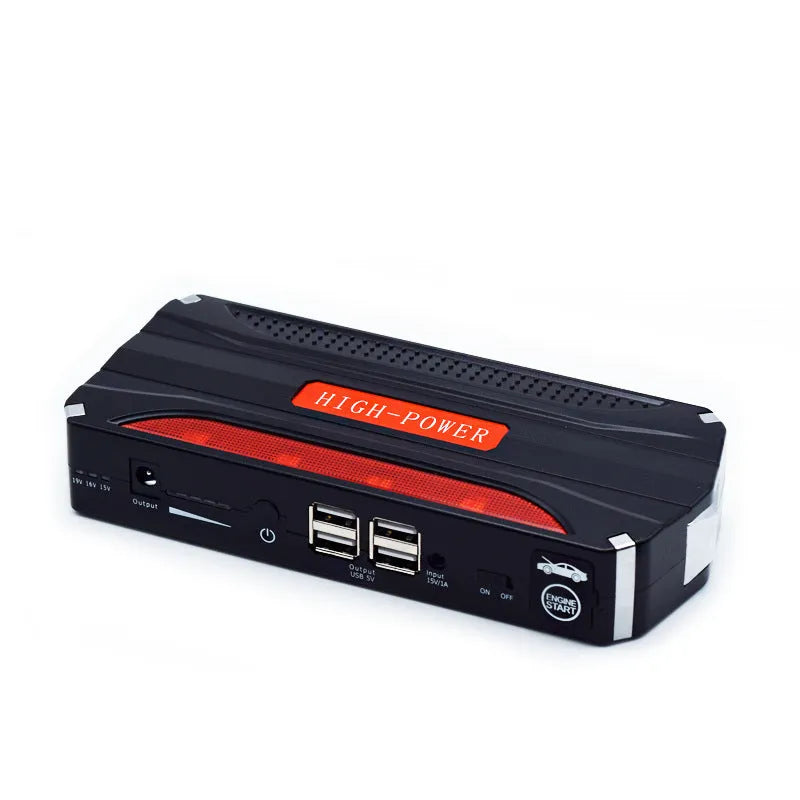 Black and red vehicle emergency starting power supply showing 7800mAh capacity and connection clamps