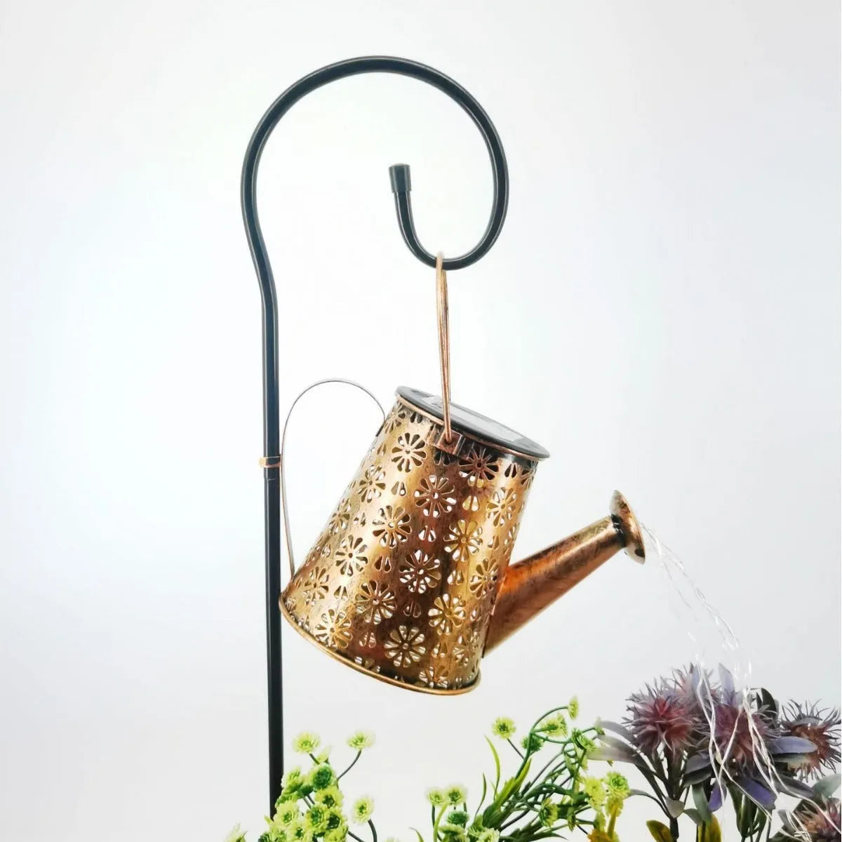 Butterfly decorative solar kettle light with wrought iron construction for outdoor courtyard lighting
