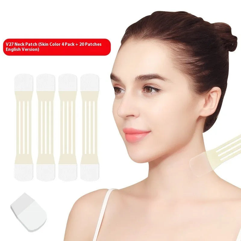V27 neck firming lifting strap kit with four belts and twenty adhesive patches in skin tone colour
