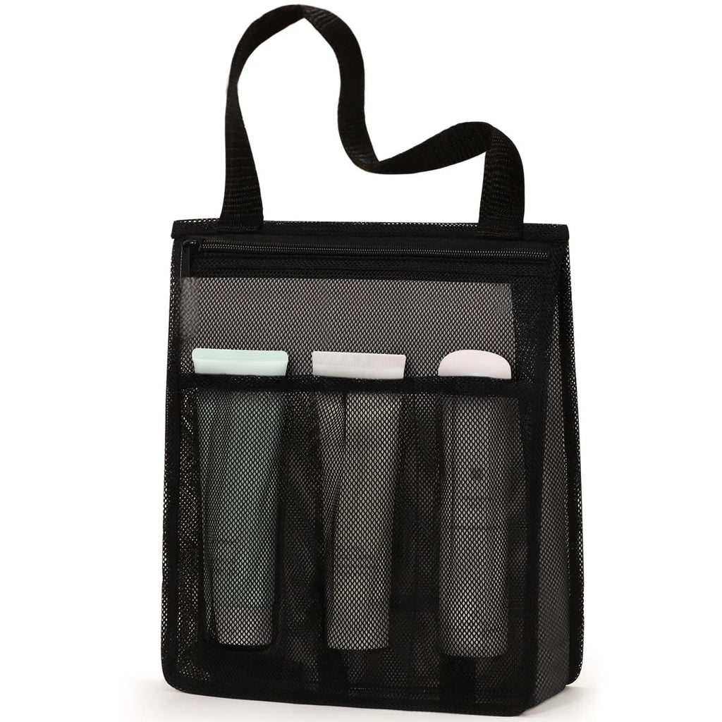 Black swimming gym bag with dry wet separation compartments and mesh pocket for sports gear organisation