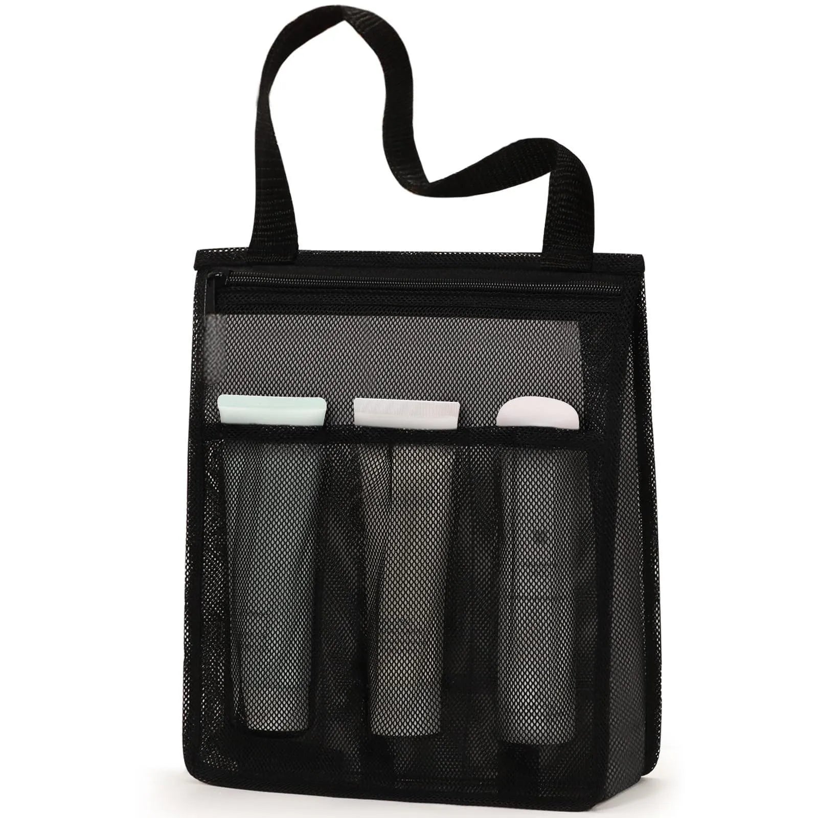 Black swimming gym bag with dry wet separation compartments and mesh pocket for sports gear organisation