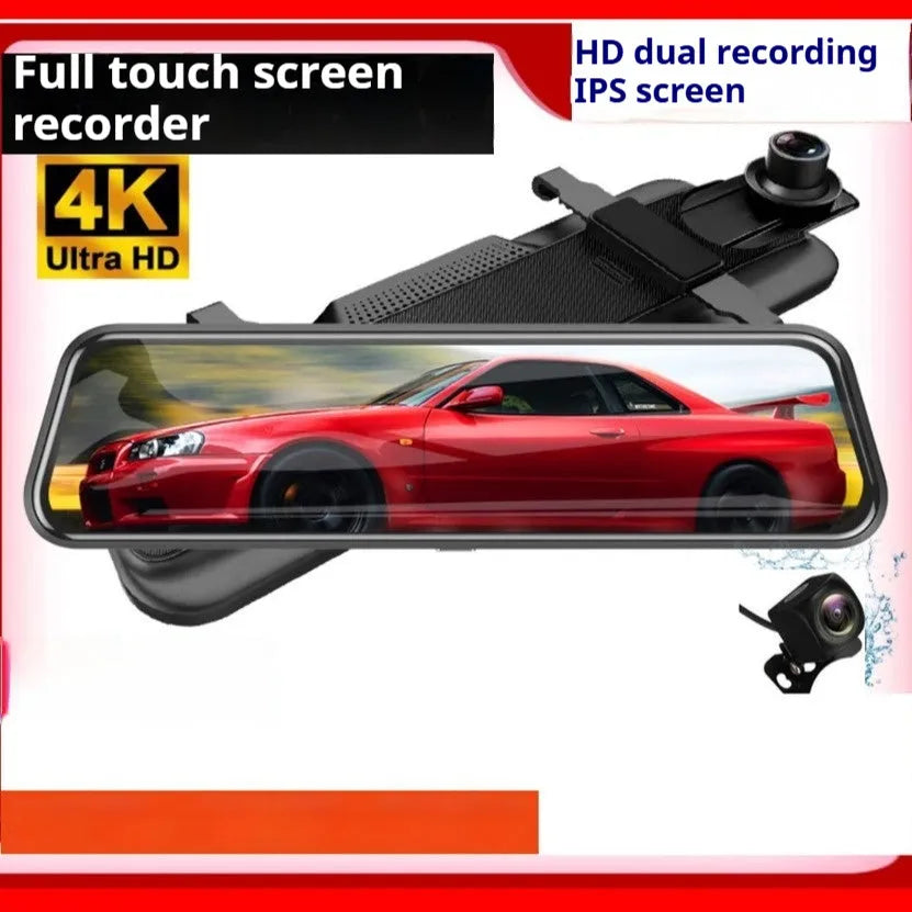 HD 1080p dual lens rearview mirror recorder with 9.66 inch touch screen displaying front and rear video.
