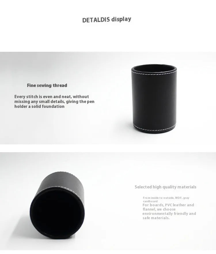 Round black leather pen container measuring 8.0cm diameter and 10.8cm height for desk organisation
