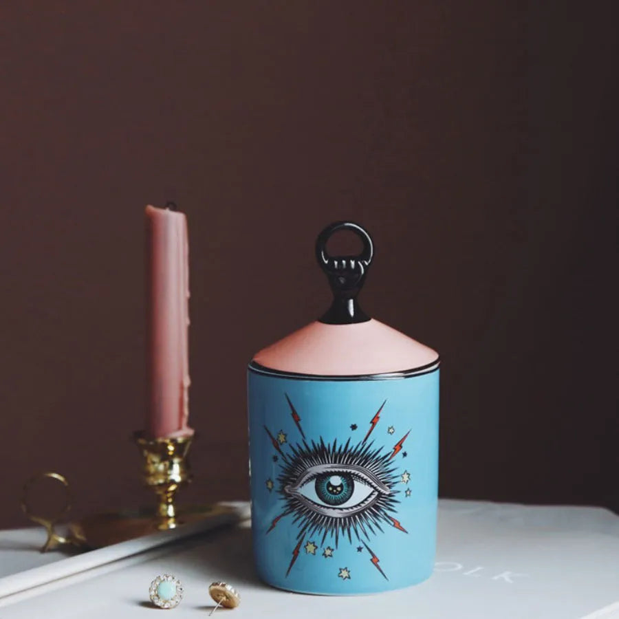 Big Eyes ceramic candle holder with decal figures-and-gods pattern, porcelain candle cup and jar storage, blue or red