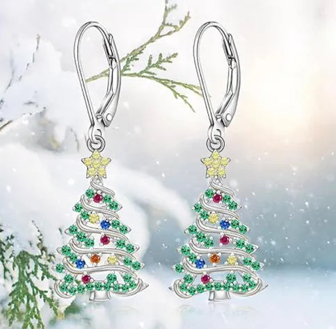 Women's Christmas tree earring pendants in white gold colour with star shape and natural style