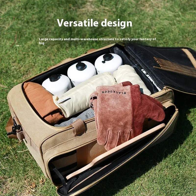 Green Oxford cloth camping kitchenware storage bag showing 16L and 35L size options for gas tanks and cookware.