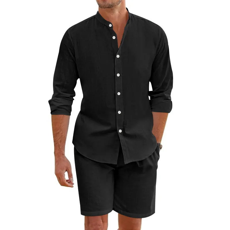 Men's dark grey linen-blend short sleeve shirt and drawstring shorts summer set laid flat.