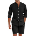Men's dark grey linen-blend short sleeve shirt and drawstring shorts summer set laid flat.