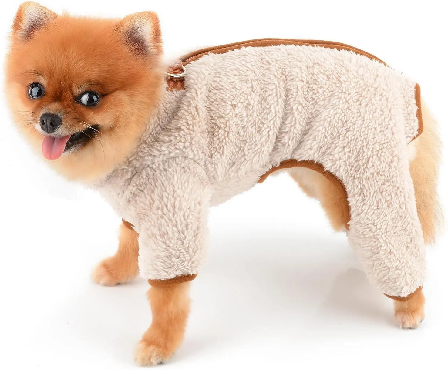 Green plush fleece dog coat with four leg openings and back zipper for small breeds
