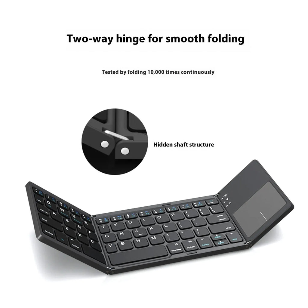 Black mini tri-fold Bluetooth keyboard showing folded thickness of 0.8cm beside tablet