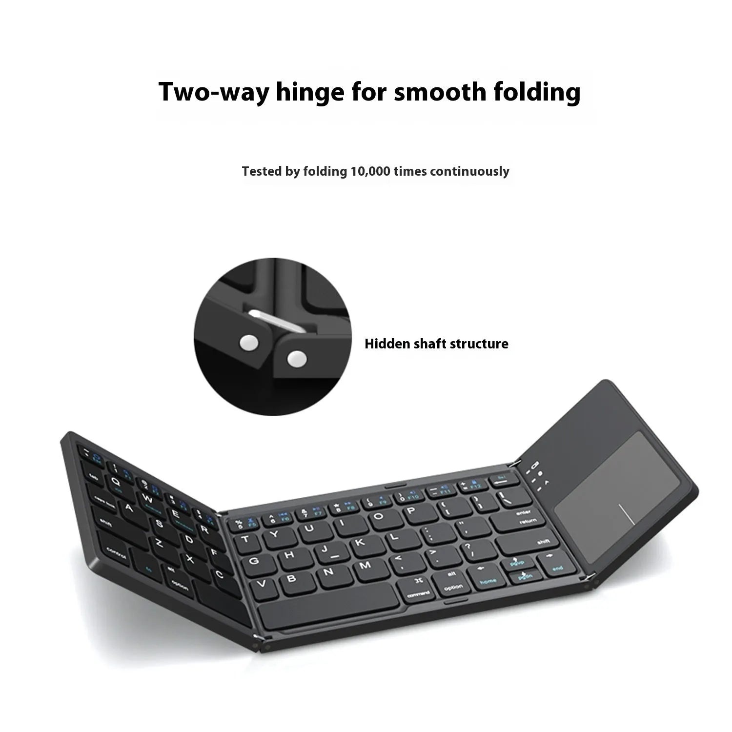 Black mini tri-fold Bluetooth keyboard showing folded thickness of 0.8cm beside tablet