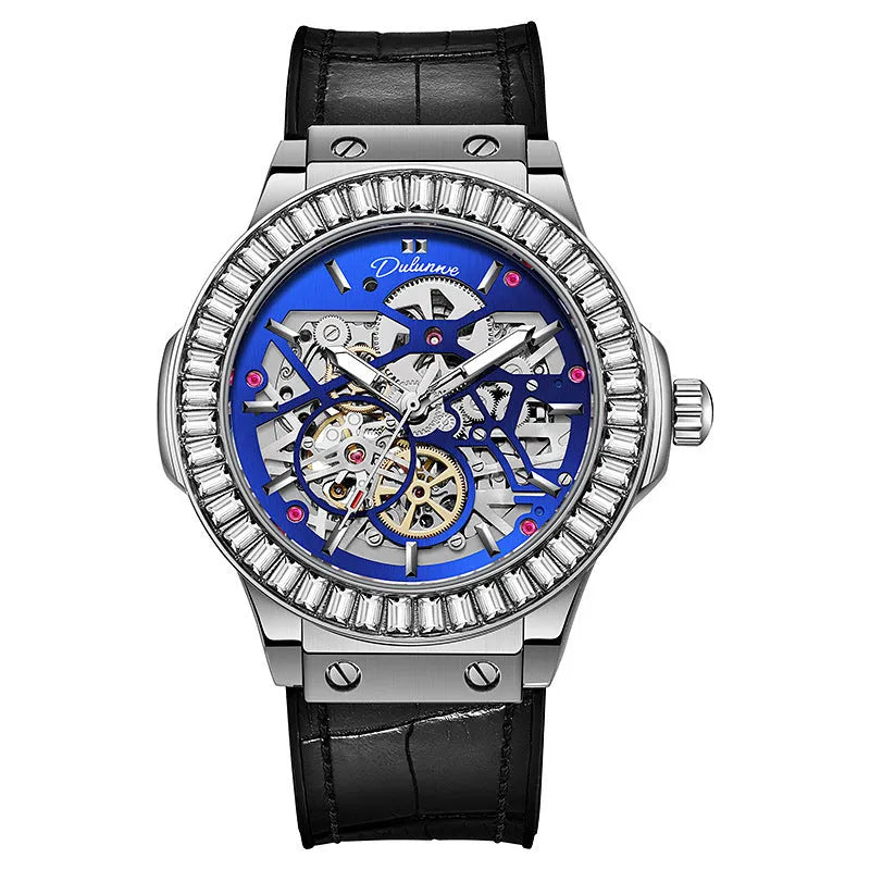 Automatic mechanical men's watch with hollow movement showing gears, diamond-studded markers, 16mm thickness, on leather strap