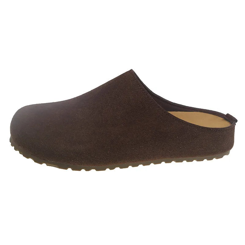 Korean style apricot coloured flat slippers with a square toe and slip-on design