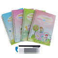 Magic calligraphy copybook set showing four practice books with square slot designs and two stylus pens