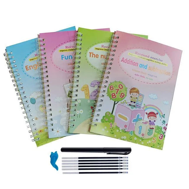 Magic calligraphy copybook set showing four practice books with square slot designs and two stylus pens