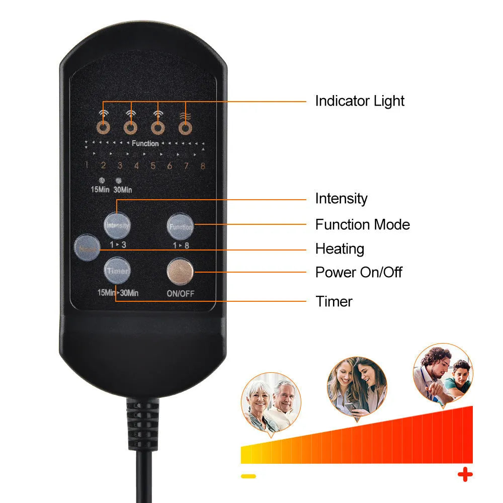 Black electric cervical kneading massager with remote control and international plug adapters.