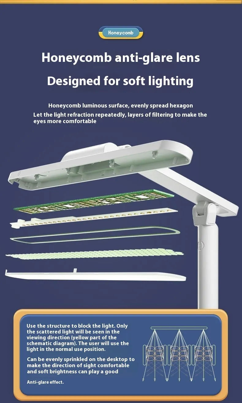 Multifunctional table lamp with adjustable colour temperature and integrated bookshelf on a desk.