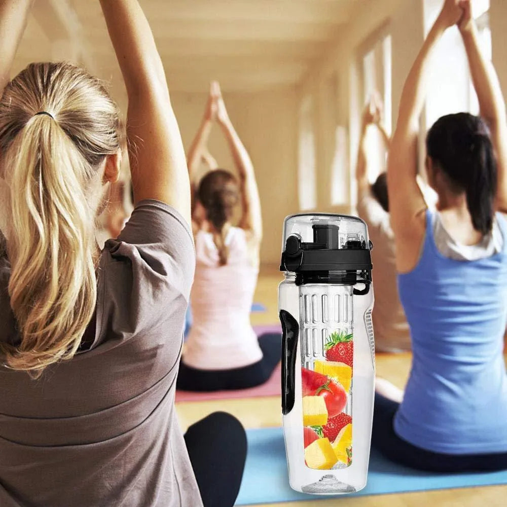 32oz BPA-free plastic water bottle with fruit infuser insert and leak-proof sports cap