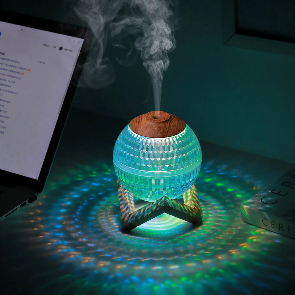 Crystal ball humidifier, round USB desktop design, 116mm x 116mm x 116mm, 2W, quiet below 36dB