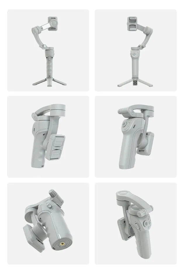 Grey ABS handheld three-axis anti-shake stabiliser with AI face tracking, fill light and camera strap