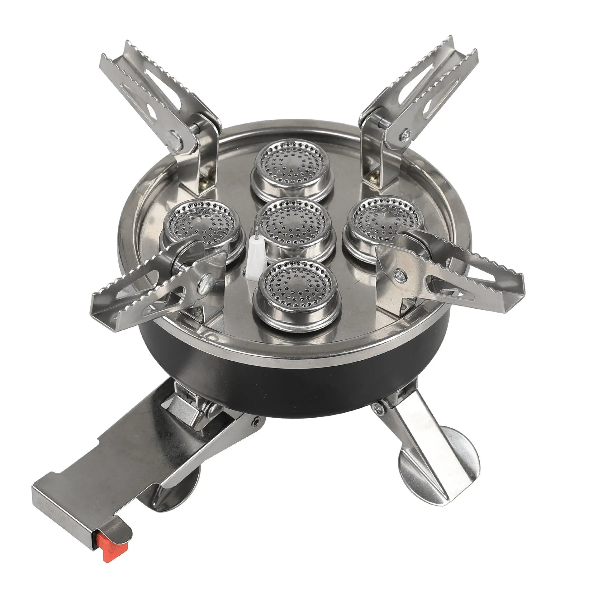 Silver foldable stainless steel split stove with 100cm hose, packed size 155x125mm