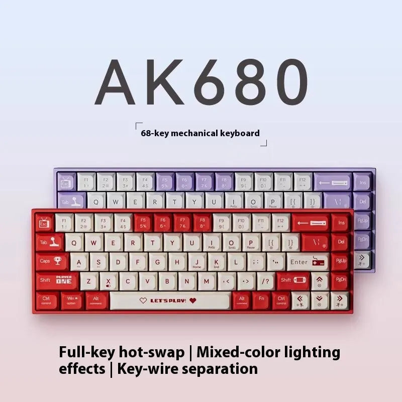 AJAZZ AK680 mechanical keyboard with red and white keycaps, hot-swappable switches, and 1.5m braided USB cable on a desktop