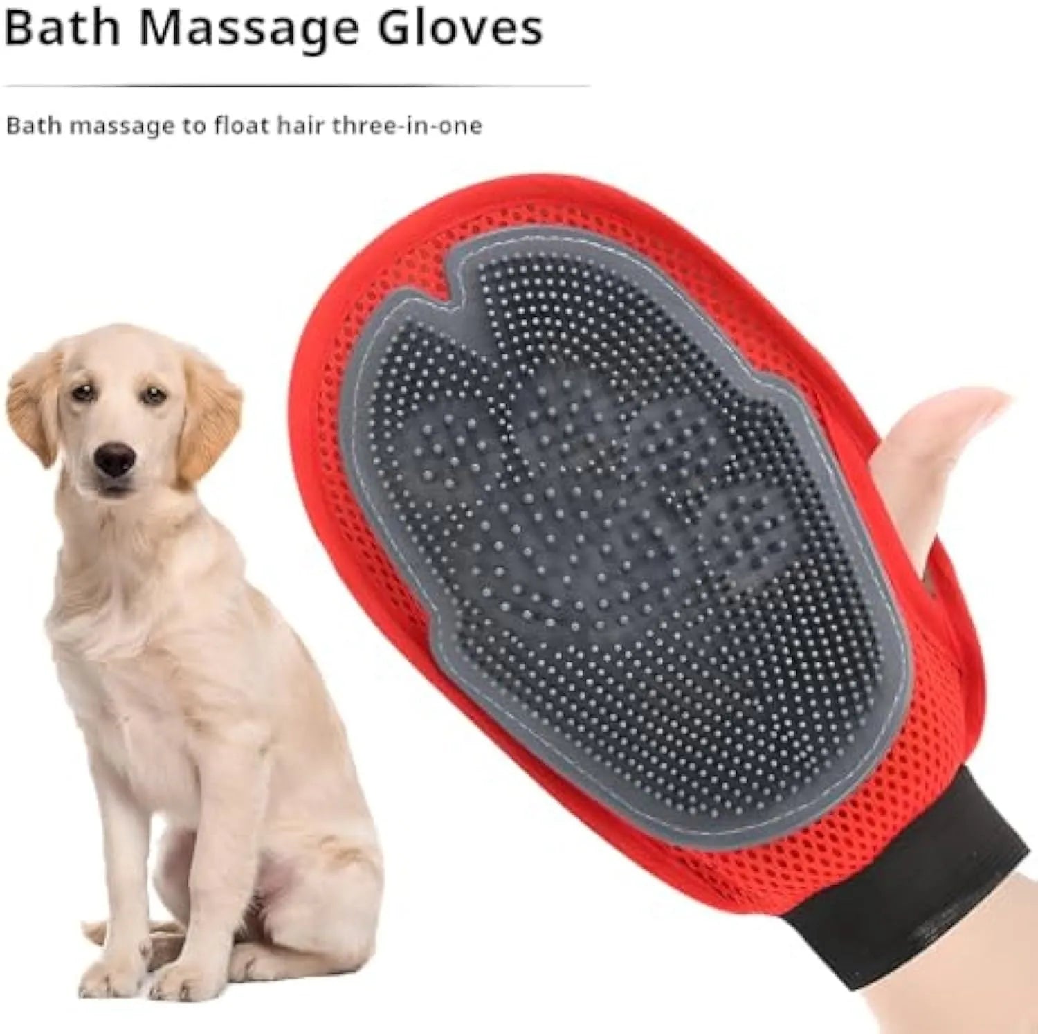Red pet bathing glove with silicone brush bristles on palm, showing adjustable strap and dimensions of 26cm by 16cm.
