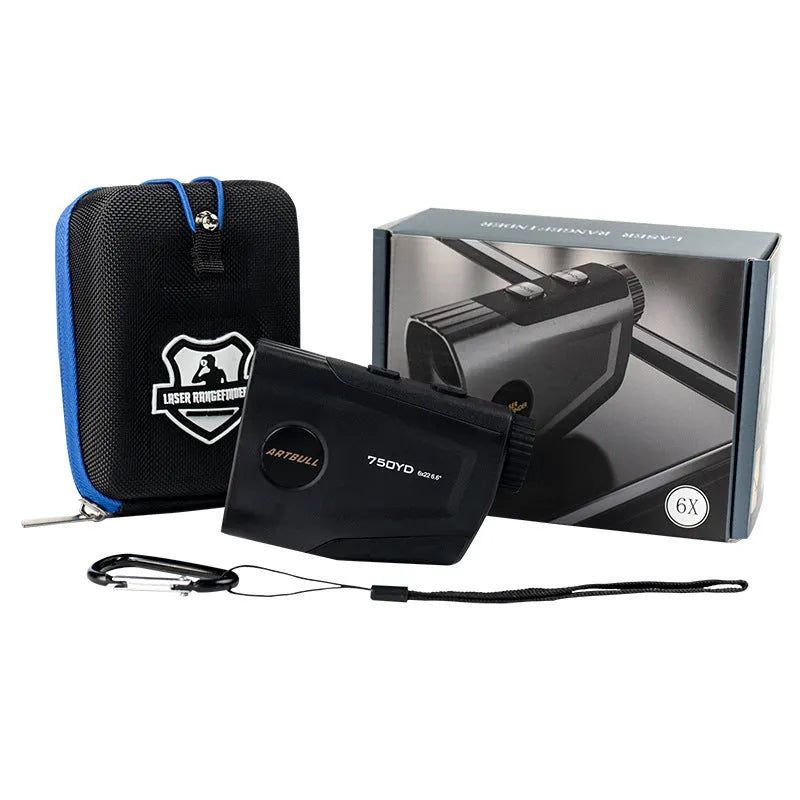 Golf laser rangefinder with LCD display showing distance measurement, flag lock function, and Type-C charging port