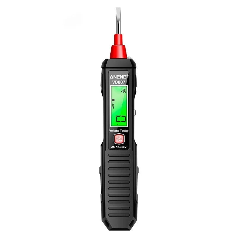Digital voltage tester pen with LCD display showing voltage reading, black and red plastic housing